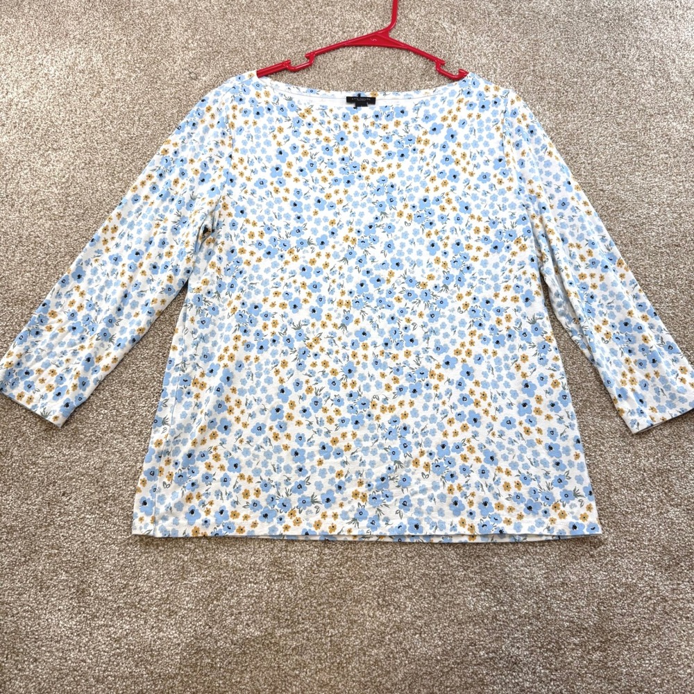 Ann Taylor Factory Womens Blue Yellow Floral Boat Neck 3/4 Sleeve Top L Office